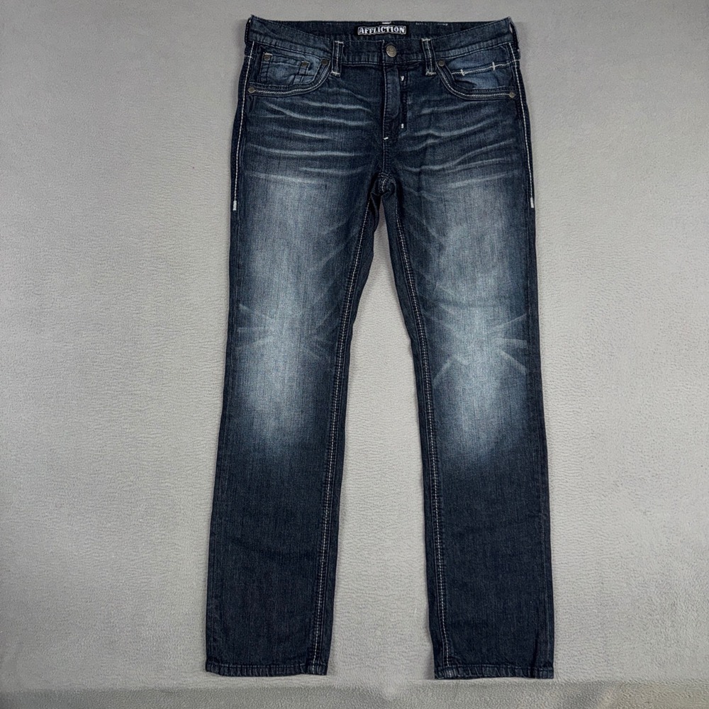 Affliction Jeans Mens 36x34 Blue Gage Straight Leg Embroidered Dark Denim Y2K